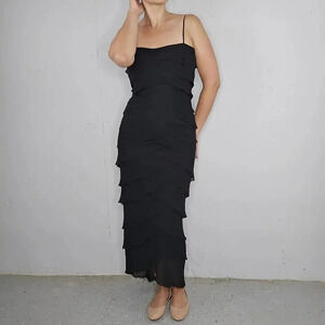 Vintage 90s Tadashi Black Silk Layered Maxi Gown Dress sz M